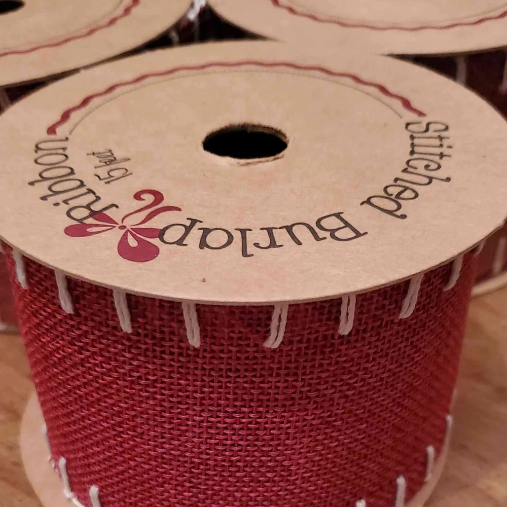 Dark Red Burlap Stitched Ribbon | 2.5" x 15' | 3 Rolls | RRR Home - Picture 2 of 3
